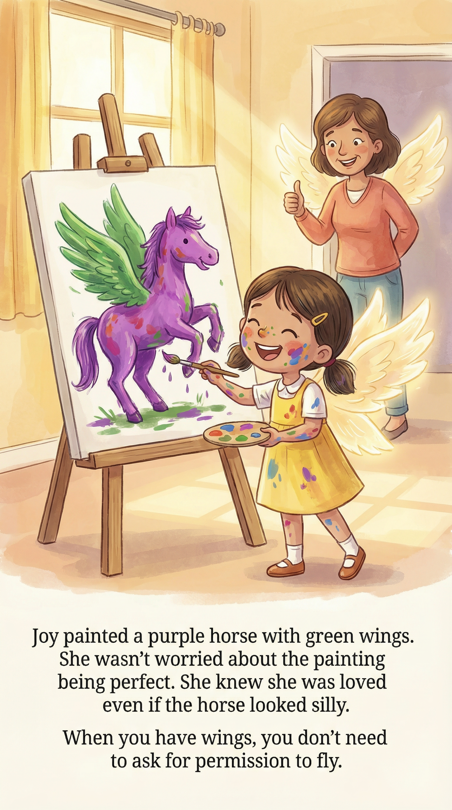 Joy painting a purple horse with encouragement
